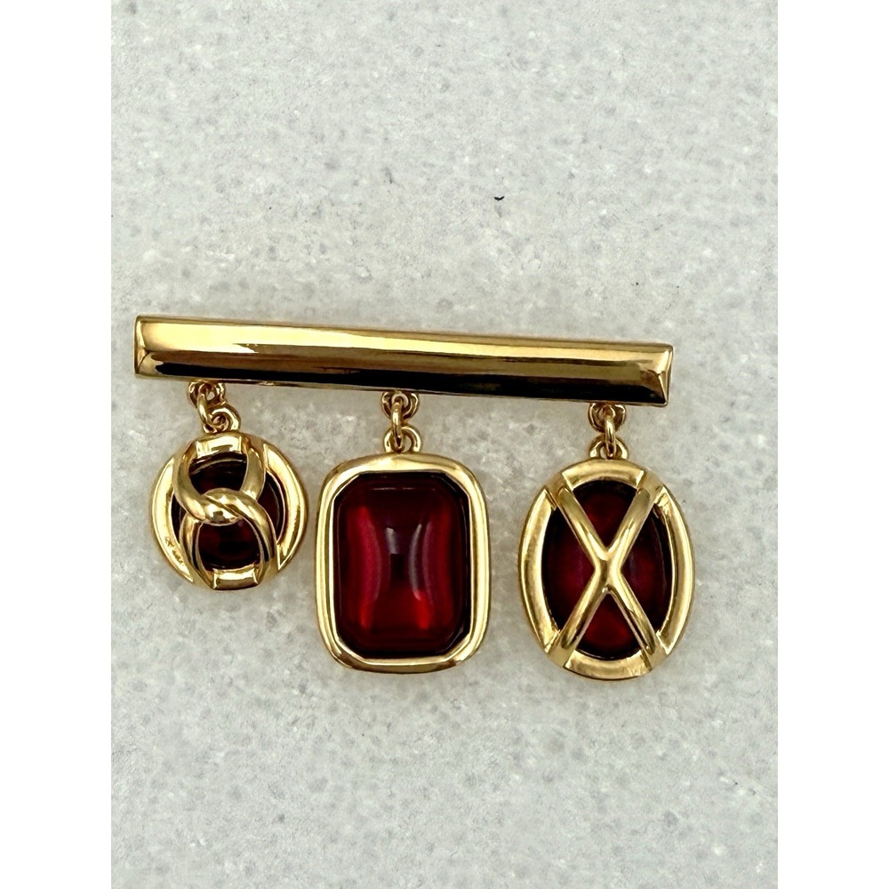 Vintage Napier Three Ruby Red Resin Cabachon Stones Charm Dangling Brooch